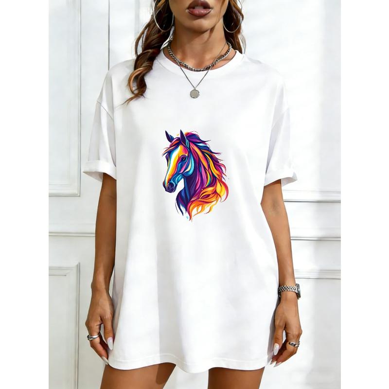 

Oversized T Shirt Dress Black Colorful Horse Head Print Casual Wear For Women Summer Fashion Statement Piece Street Style Outfit XXXXL білий