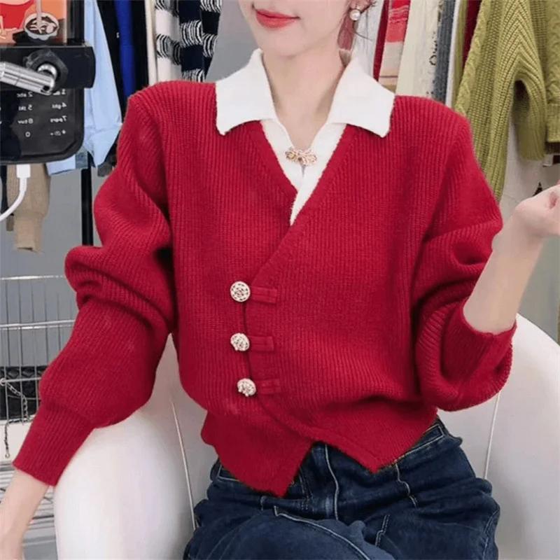 Fake Two Pieces Stitching Knit Sweater Cardigan Women Autumn Winter Temperament Casual Knitted Female Knitwear Sweater Tops
