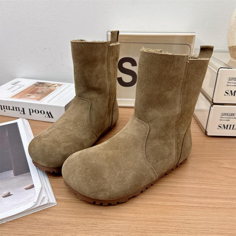 Fashion AJGS Wool Snow Boots Women's 2024 New Leather Winter Flat Warm Plush Cotton Shoes Versatile Mid-calf Boots