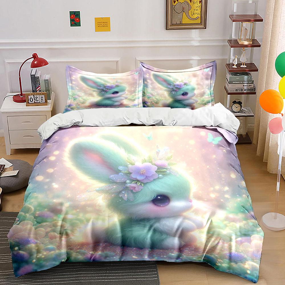 Cute Dreamy Bunny With Flower Crown Duvet Cover Set With 3D Printing Design Soft Polyester Bedding Set All-Season Comfort EU Twin 135X200cm&set