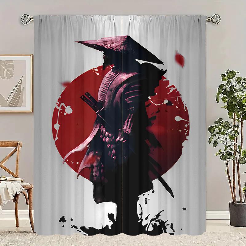 

2 шт. - Японские шторы из полиэстера с изображением самурая-одиночки, шторы с кулиской 42*84, для спальни, гостиной, украшения домашней комнаты 29Wx64L(75x166CM)x2