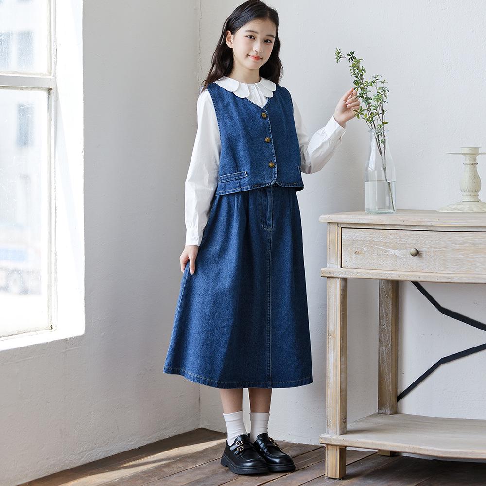 Jesienny szyk Zestaw dwuczęściowy kurtka dżinsowa w stylu koreańskim i spódnica midi