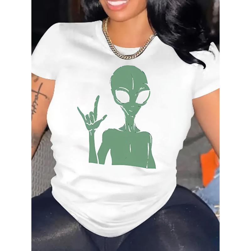 European Sizes Creative Cartoon Alien Pattern Printed Women'S Trendy Short-Sleeve T-Shirt, Simple Casual Sports Tee, Comfortable Summer Top