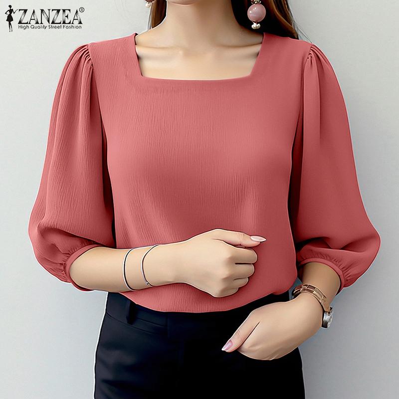 ZANZEA Bluză simplă casual pentru femei cu gât pătrat, mâneci 3/4 largi
