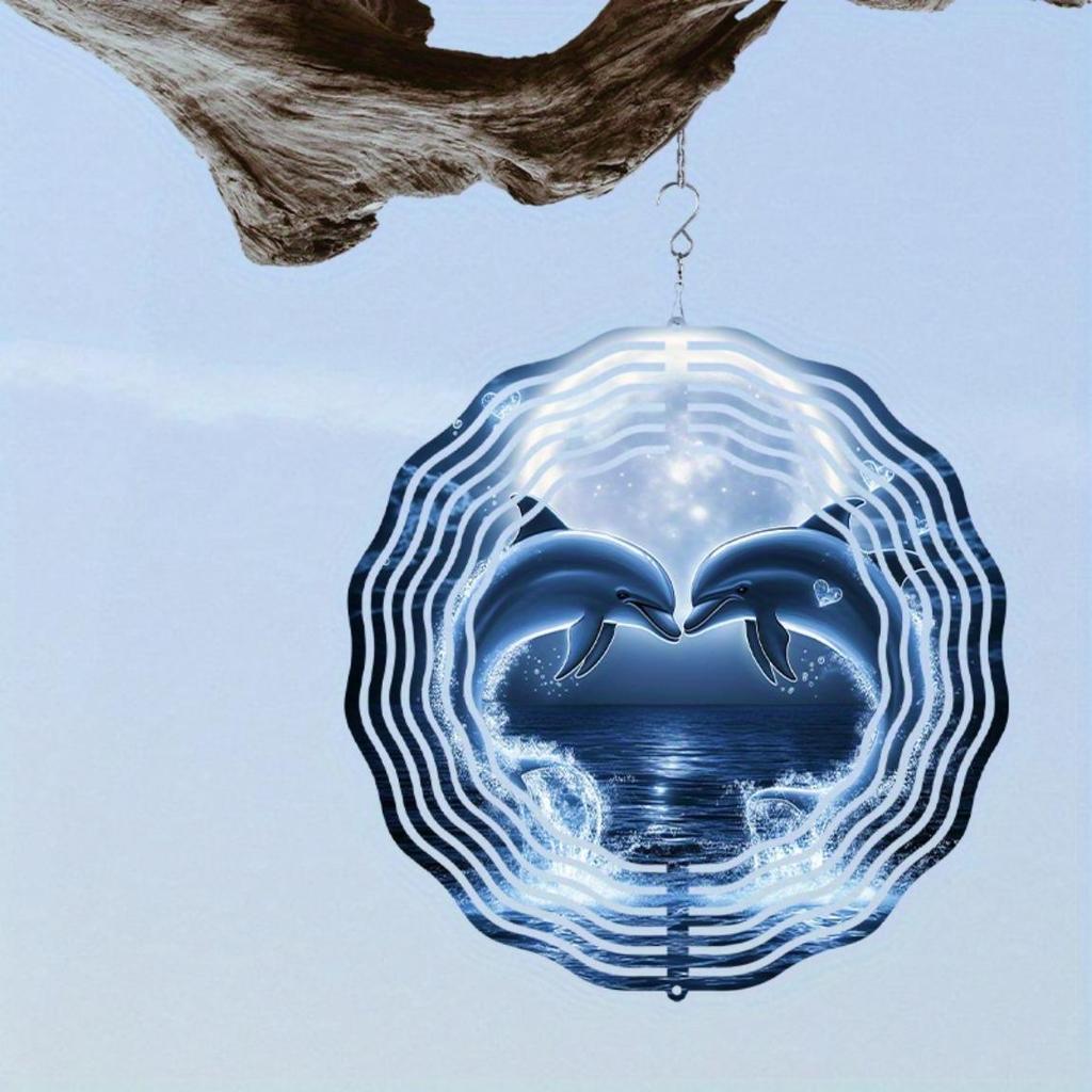 Romantic 2D Dolphin Wind Chime Metal Wall Art with Night Sky Glow for Indoor Outdoor Garden Patio Thanksgiving Decor