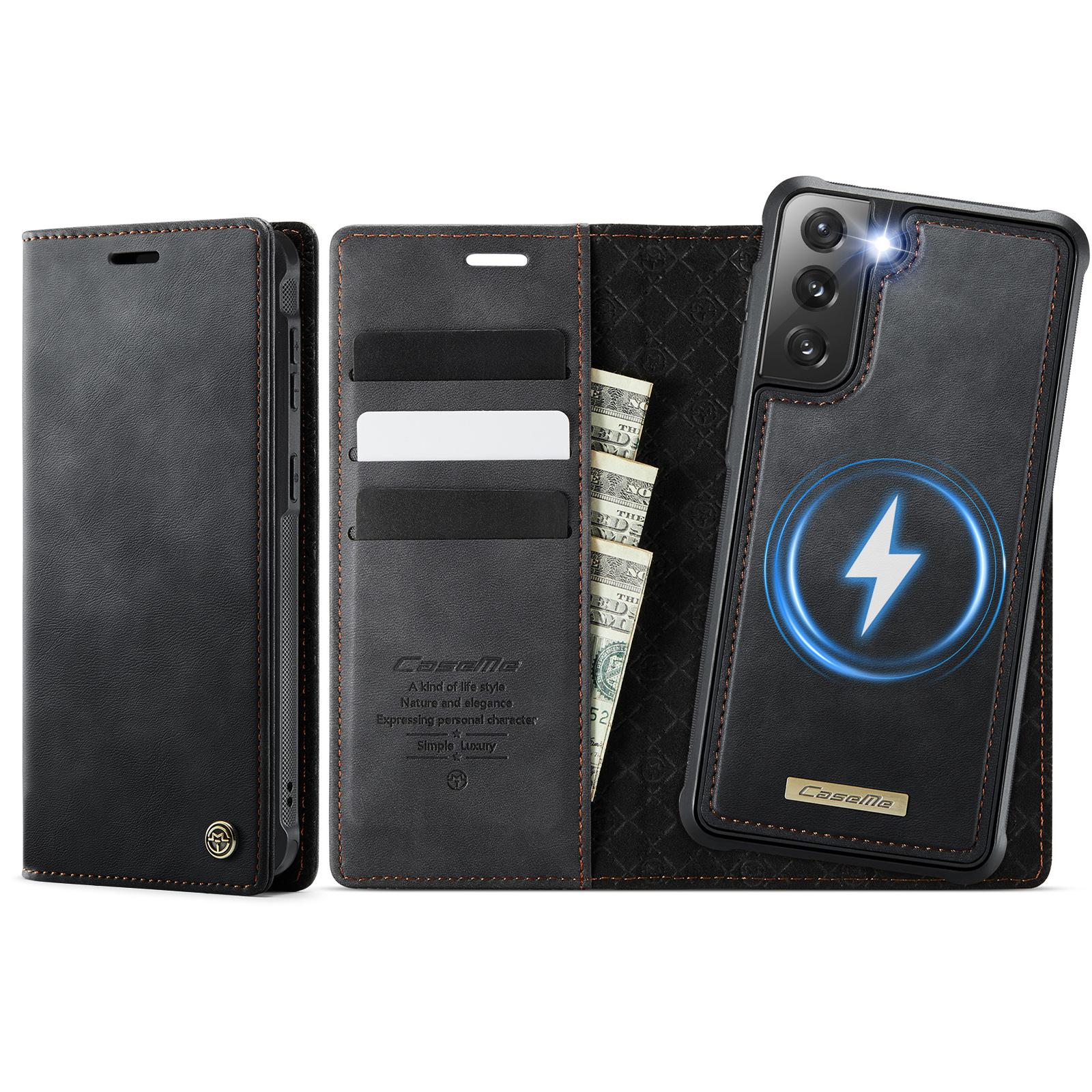 Чехол для Samsung Galaxy S21 FE 5G CASEME C49 Совместимый с MagSafe Блокировка RFID Съемный кошелек Кожаный чехол для телефона Black