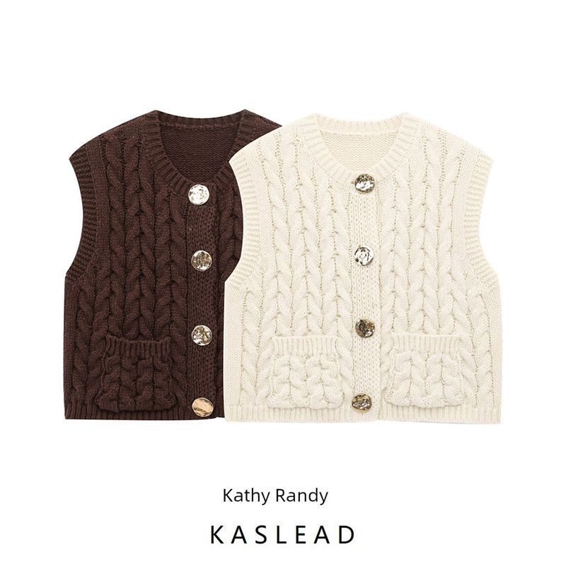 Kaslead New Women Clothes Western Style Fashion Simple and Versatile Twist Gold Button Thick Needle Vest