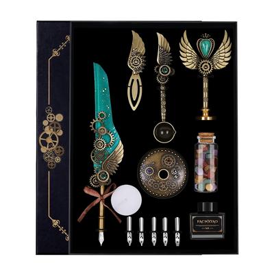 Facwxiao Πένα Φτερού Φτερωτή Κερί Γραφής Σετ Δώρου Κουτί, Πράσινο, Πένα, Μελάνι, Σελιδοδείκτης, Σφραγίδα, Μύτη, Χάντρα, Φάκελος, Χαρτί,