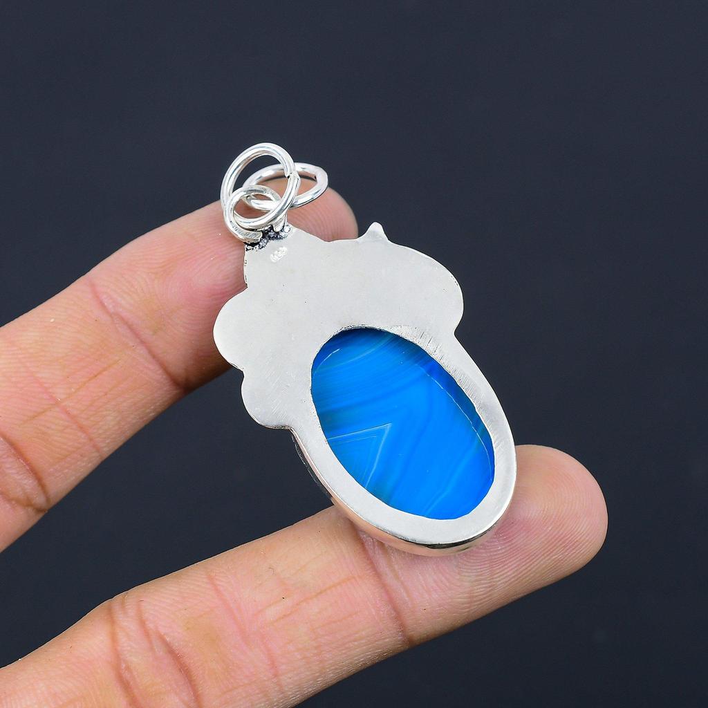 Sisters Day Sale Blue Botswana Agate Gemstone Sterling Silver Ethnic New Pendant