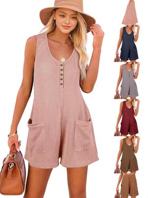 2026 Summer Women's Casual Button Pocket Vest Jumpsuit - European and American Style