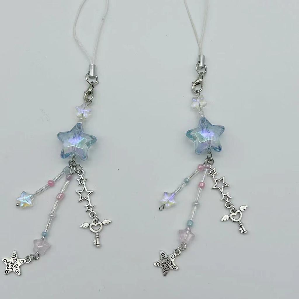 Sweet Cool Star Bead Charm Pendant Chain Phone Strap Pocket Keychain Strap Hangings Decoration for Key Bag Purse