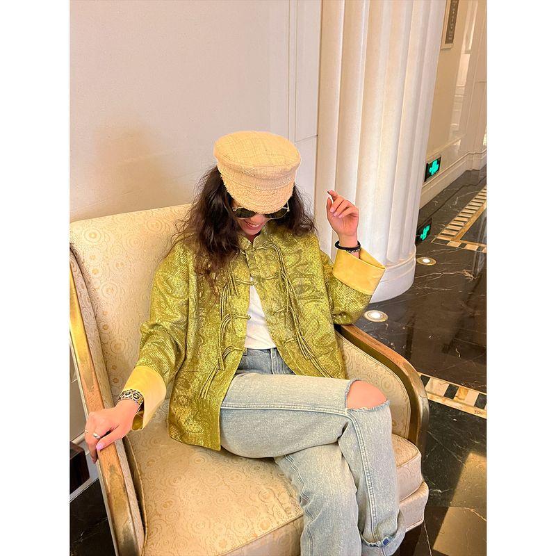 

Blacknini Инь Хуафу Тюльпановый Креп Сатин Золотой и Серебряный Шелк Ручная Работа Кисточки Пряжка-Пластина Верхняя Одежда в Новом Китайском Стиле Green XS