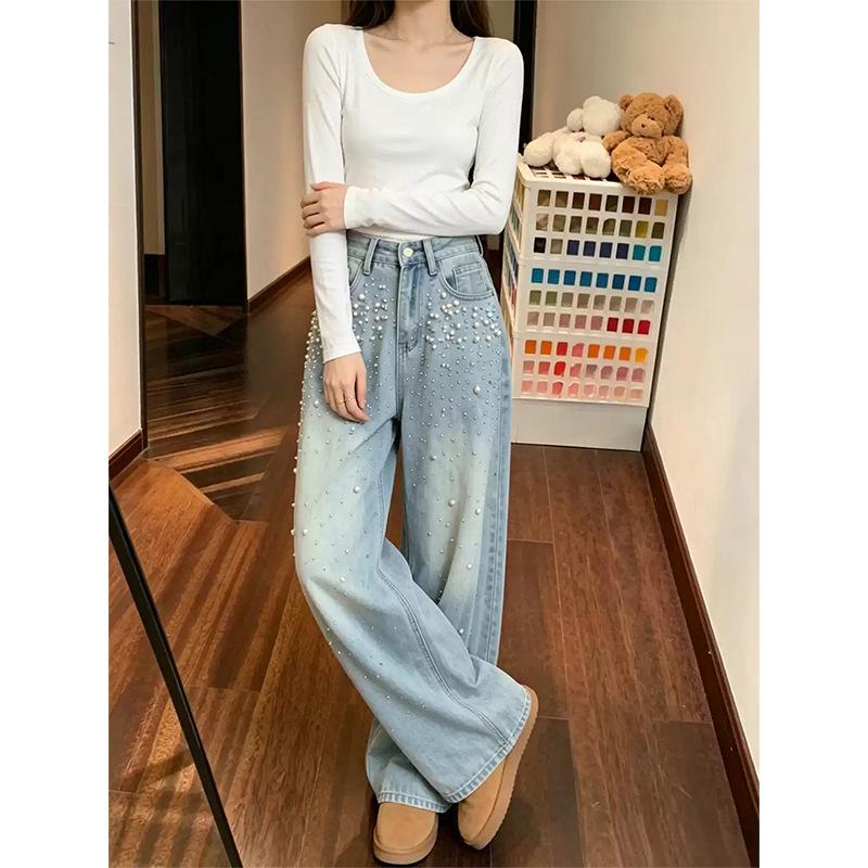 New autumn high-waisted wide-leg jeans women's thin and high design ins trendy versatile straight trousers