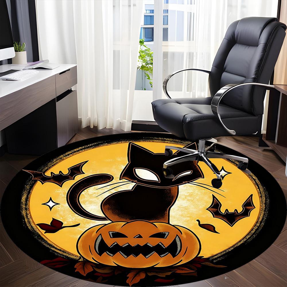 1PC Halloween Cat Office Round Area Rug, Mat Suitable ForOffice, Under Office Chairs Bedroom Living Room Home Decor, Room Deco