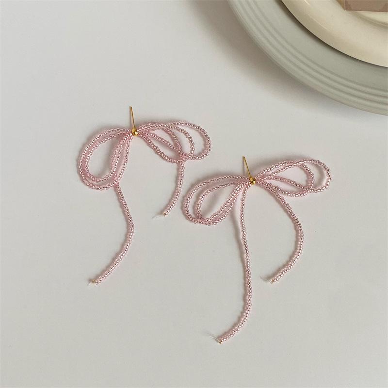 Gentle Temperament Beaded Bow Tassel Earrings - 925 Silver, Niche Design, Light Luxury, 2026 New Style