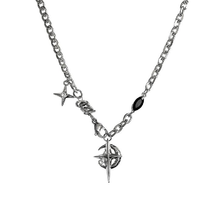 Titanium Steel Necklace Black Gemstone Star Hip-Hop Street Necklace for Men Niche Design High-End Clavicle Chain Black Gemstone Starburst