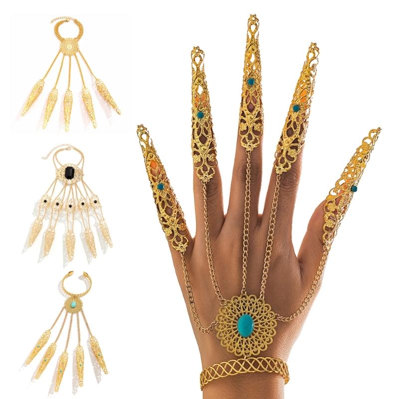 Ancient Queen Bracelet with Finger Nails Tip Claw Rings Belly Dance Hand Chain Jewelry Chain Finger Rings Bracelet Women