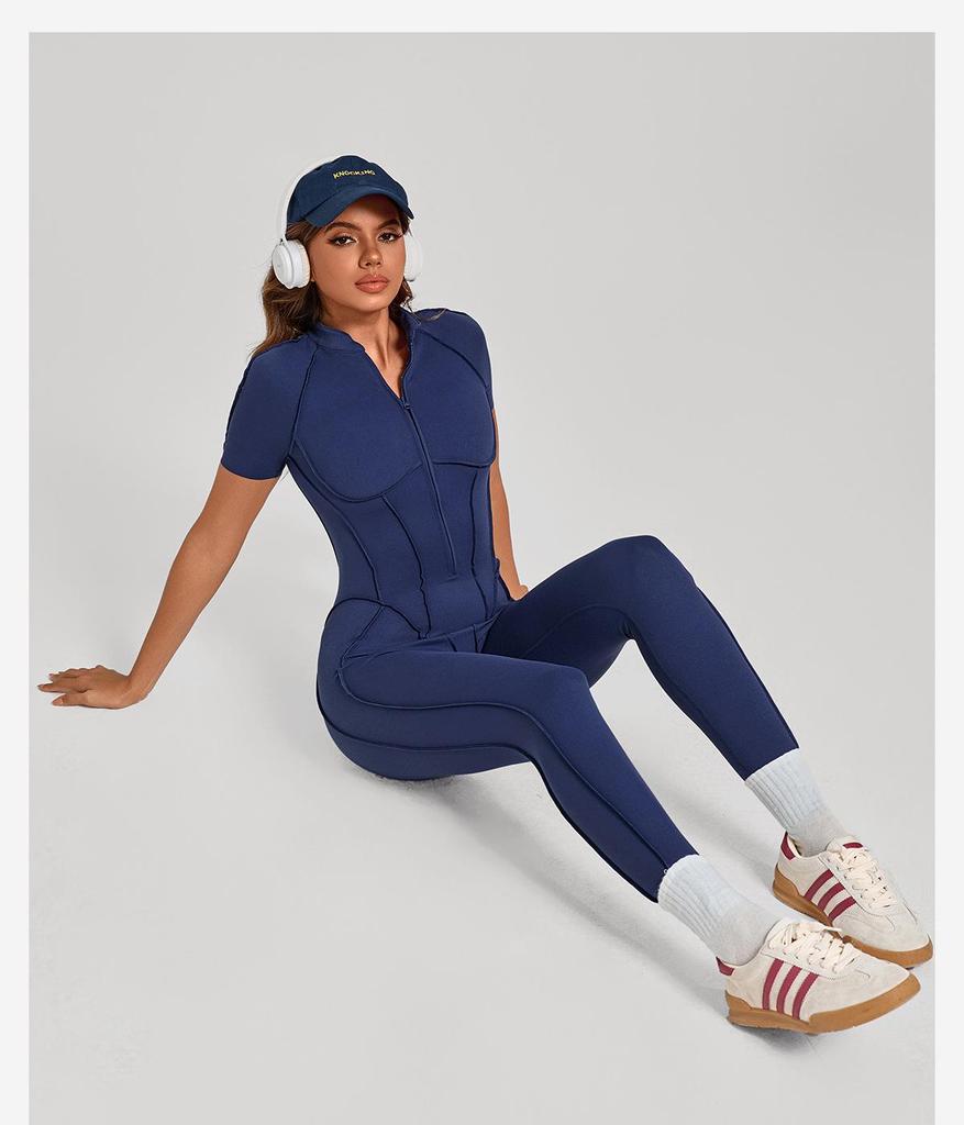 Women's Short-Sleeve Half-Zip Tummy-Control Yoga Jumpsuit