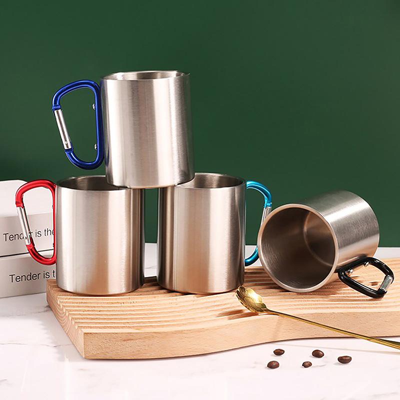 220Ml Camping Travel Stainless Steel Cup Carabiner Hook Handle Picnic Water Mug Outdoor Travel Hike Cup