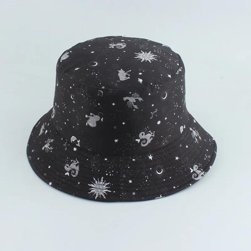 

Black Constellation Stars Print Bucket Hat Cap Reversible Hip Pop Street Unisex Bucket Hat Summer Sun Hats for Women Men 55-59cm чорний