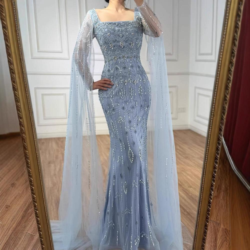 Caramel color flying sleeve evening dress, high-end bead fishtail art exam solo host long dress LA11911