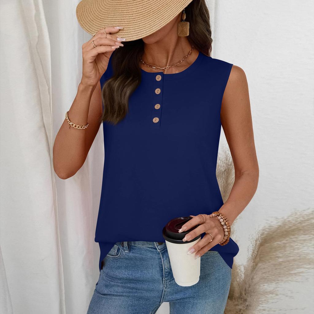 Women's Casual Fashion Button-Up Round Neck Sleeveless T-Shirt Vest