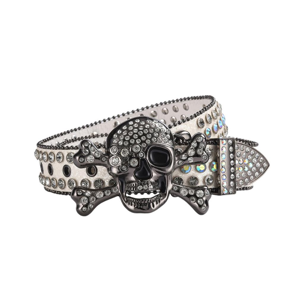 Adult Sequins Belt for Disco Party Waist Belt Rhinestones Skull Buckle Thin Waist Belt Street Cultures Enthusiasts Belt