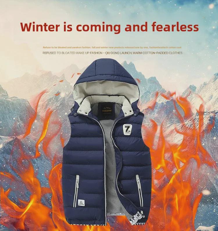 Pánská jednobarevná prošívaná vesta s kapucí z bavlny a prachového peří, módní kardiganová vesta