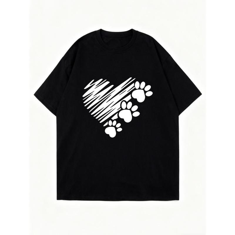 Black Oversized T Shirt With Paw Print Heart Design For Casual Wear And Pet Lovers