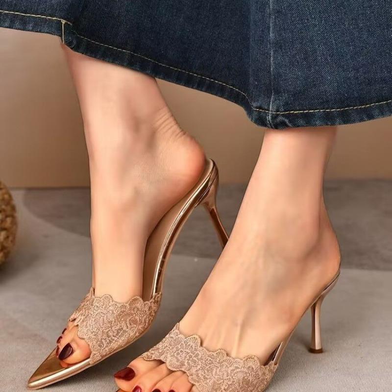 Spring and summer new open-toed pointed black lace mesh one-word women sexy outer wear stiletto high heels women 42 шампанского