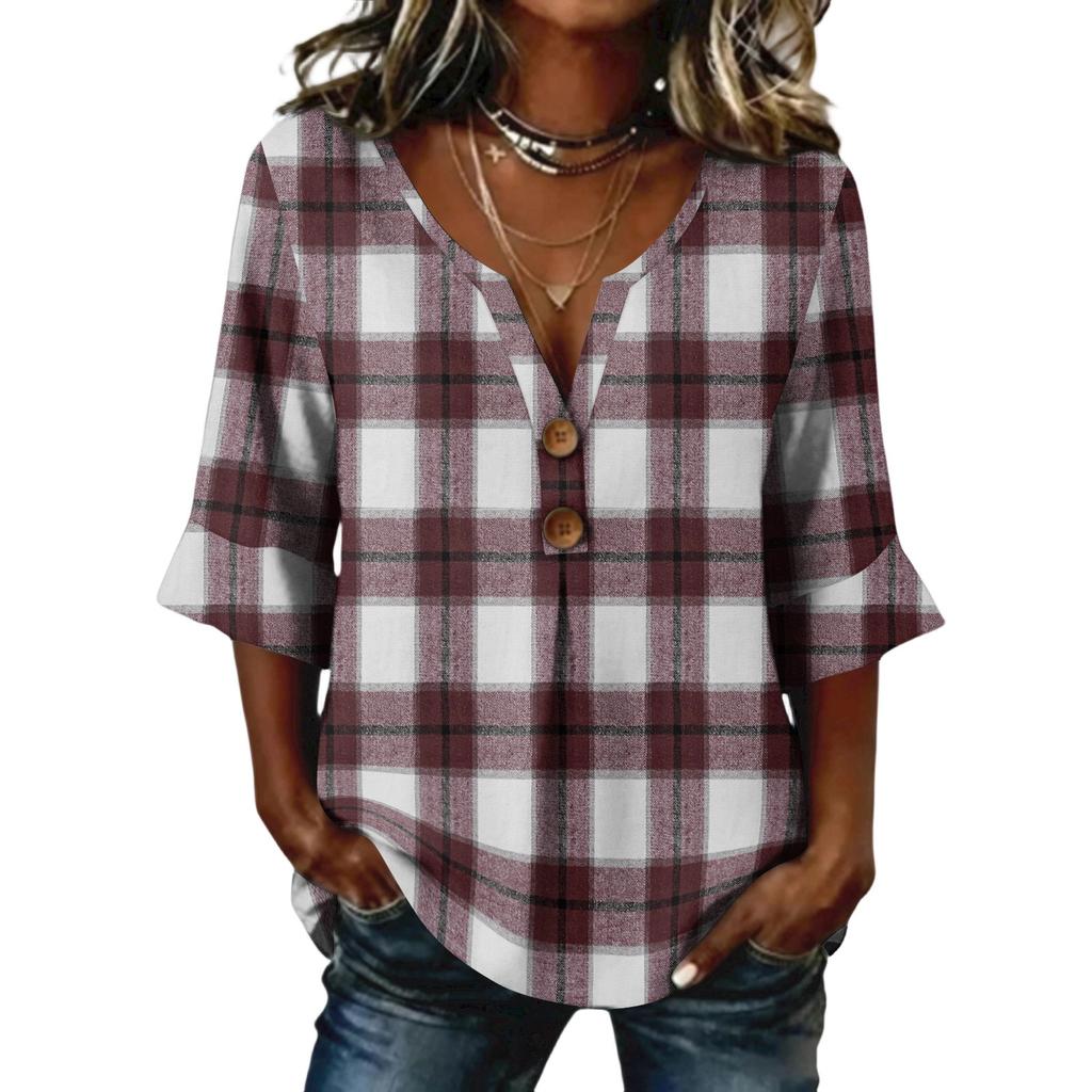 Ladies' plaid printed button casual V-neck fashionable seven quarter sleeve top