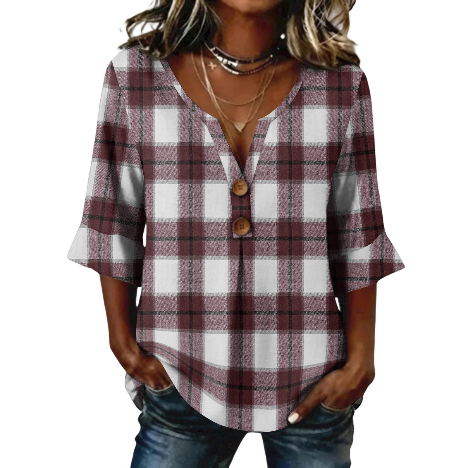 Ladies  plaid printed button casual V-neck fashionable seven quarter sleeve top XXL кофейный