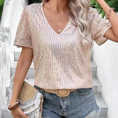Summer Women's Sexy Solid Color Sequined V-neck Short-sleeved Loose Women's T-shirt