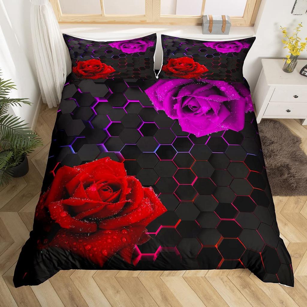 Honeycomb Duvet Cover Set Twin Queen Size, Geometric Hexagon Bedding Set For Boys Men Room Decor, Modern Style Comforter Cover