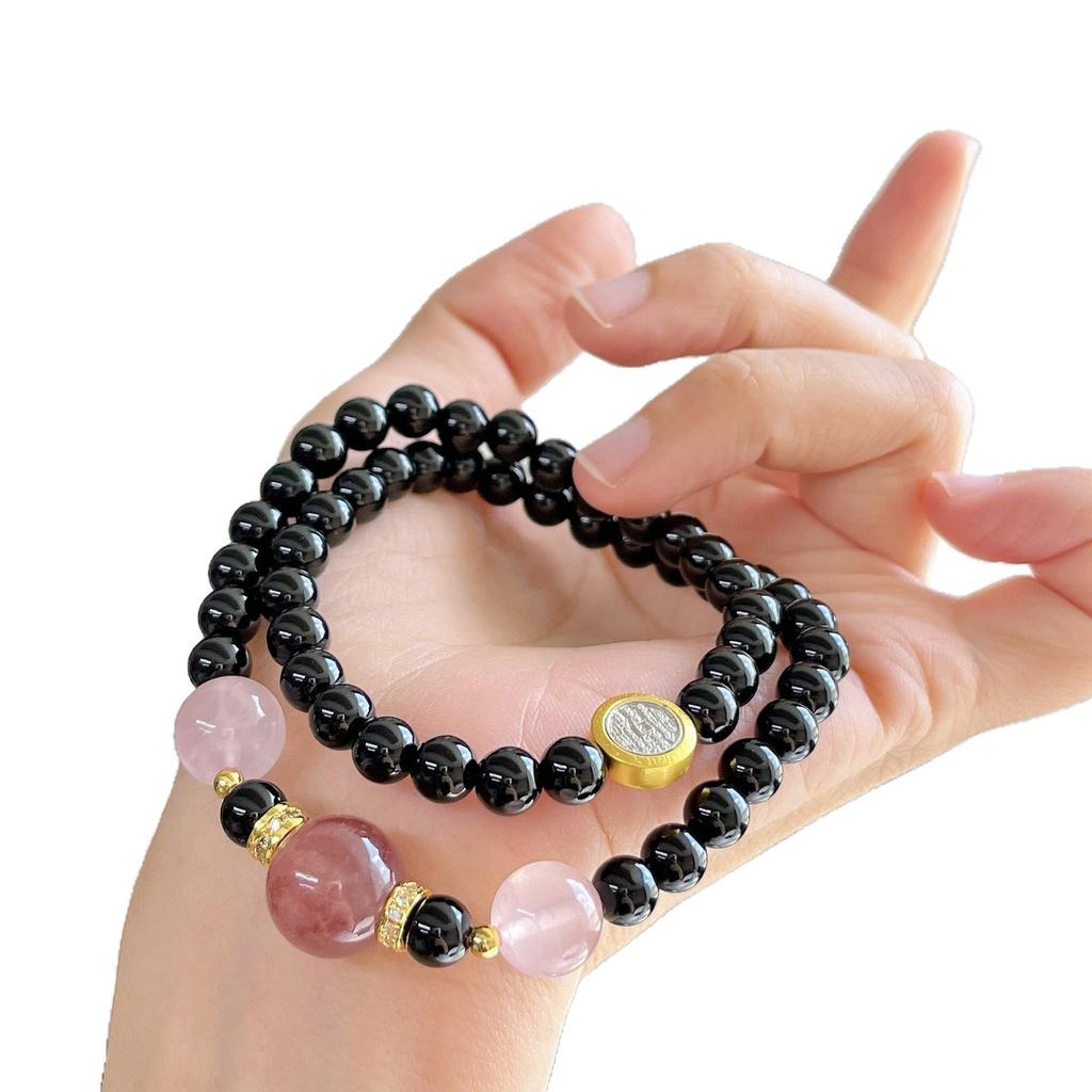 6Mm Natural Black Agate Powder Crystal Strawberry Crystal Multi-Circle Design Bracelet Bracelet