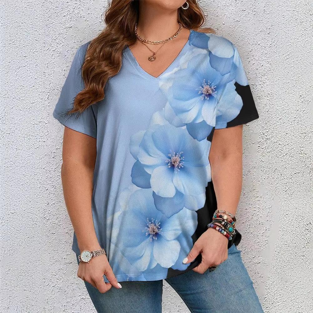 Fashionable Floral 3D Digital Printed Women's Casual and Comfortable V-neck Short Sleeved T-shirt