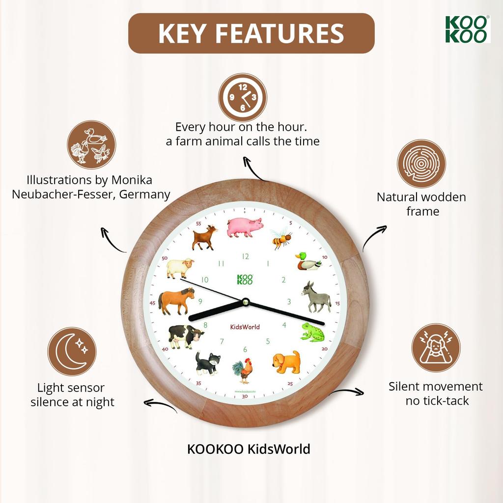 KOOKOO Kids World Wood Grain Wall Clock with Animal Sounds 12 Different Farm Animals Tell the Time Cute Wall Perfect for a Soothing Sounds - - Clock,