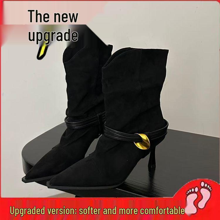 Euro-American Style Suede Slouch Ankle Boots with Pointed-Toe, Metal Buckle, and High Heels for Autumn/Winter 2025.
