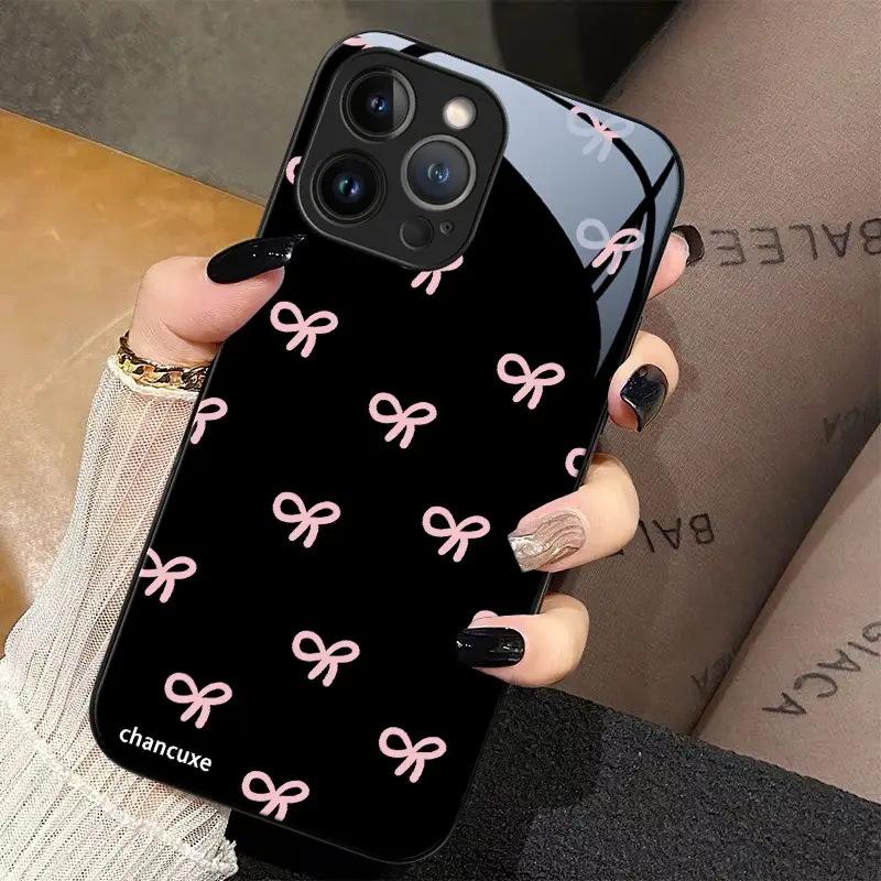 TEMU Hot-selling Pink Simple Bow Apple 13promax Mobile Phone Case iPhone AIR Glass Case