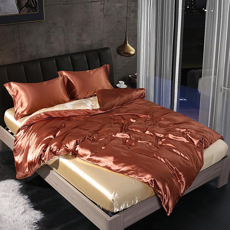 European Solid Color Mulberry Silk Bedding Sets Ice Silk Satin Cooling Bedclothes High Quality Skin-Friendly Smooth Duvet Kit