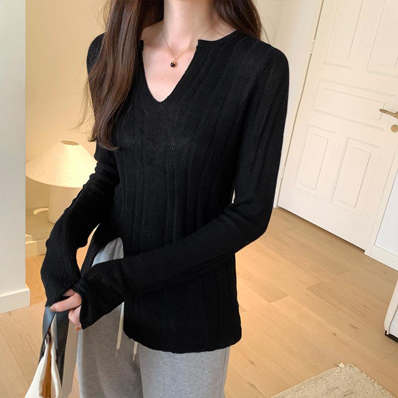 

Дизайнерский нишевый трикотаж с разрезом, женский новый осенний темпераментный облегающий топ с V-образным вырезом и длинными рукавами L