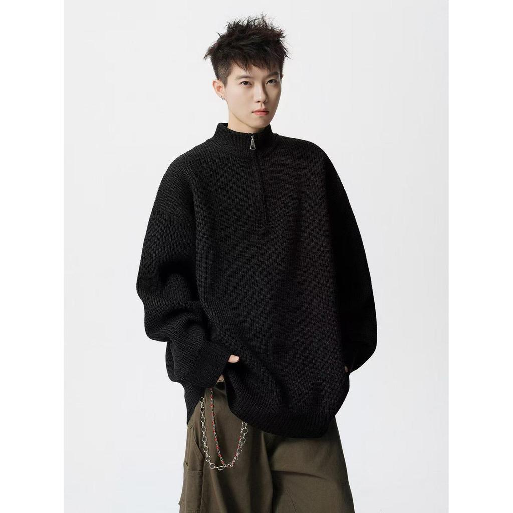 Men's High-Neck Half-Zip Loose Knit Sweater - Retro Style, Solid Color, Versatile for Autumn/Winter.
