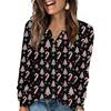 Women's Fashion V-Neck Button-Up T-Shirt With Christmas Print Long-Sleeved Top