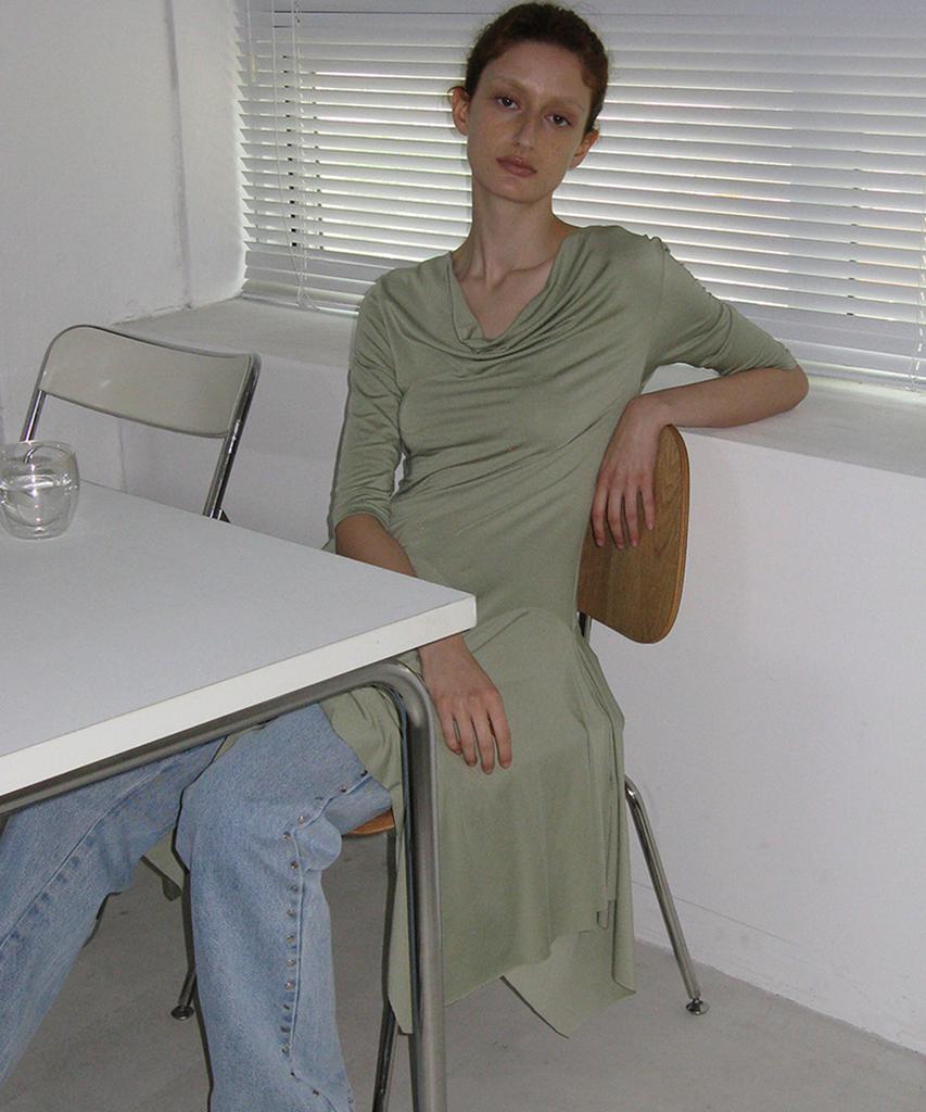 Partimento Woman Cowl Neck Asymmetrical Jersey Dress_Light Green