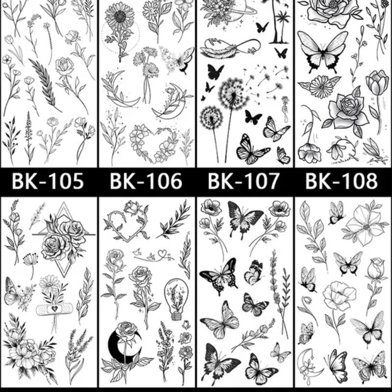 Butterfly Fake Tattoo for Woman Black Flower Tattoo Sketch Tattoo Sticker  Rose Blossom Tattoo Temporary Waterproof