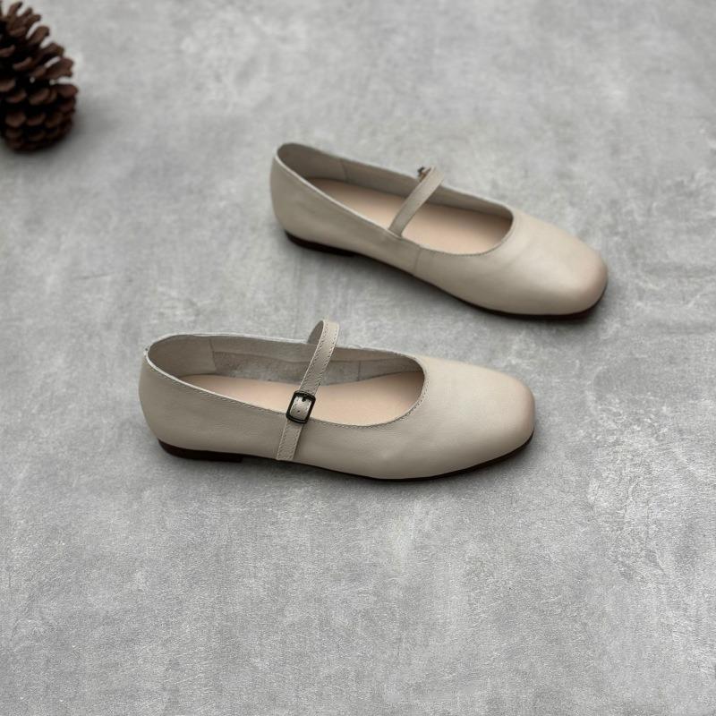 Mary Jane Leather Single Shoes Spring and Summer Literary and Casual One-word Buckle with Round Head Flat Bottom Soft Cowhide Simple Women's Shoes