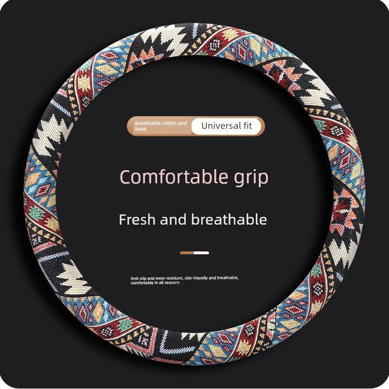 Ethnic Style Cotton and Linen Car Steering Wheel Cover, Universal for All Seasons, Non-Slip Handle Cover, Women's Cartoon Summer Fabric