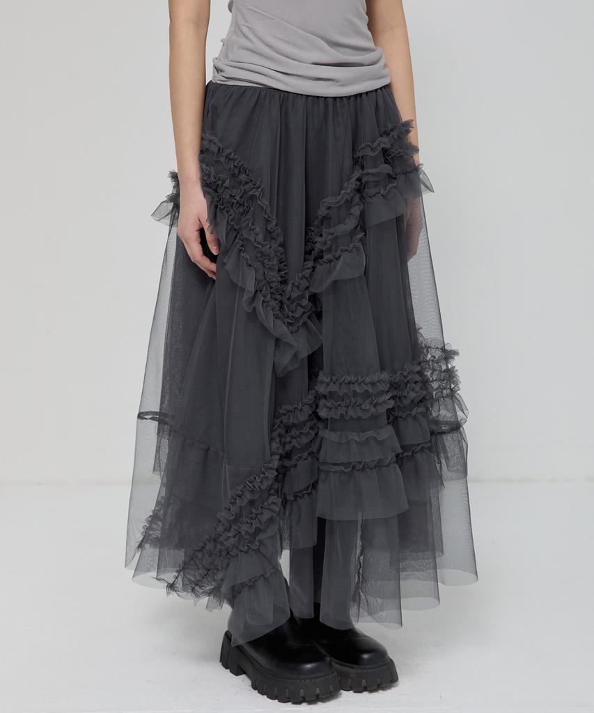 Peulleeoeob Tulle Layered Long Skirts (Fl-266_Charcoal)
