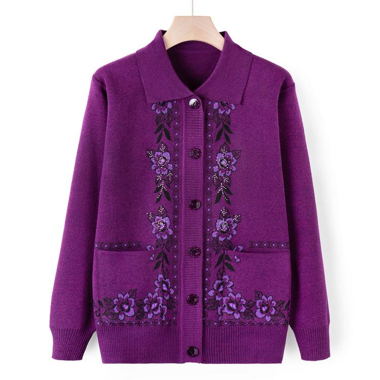 Autumn Lapel Knitted Sweater In The Elderly Cardigan Sweater Jacket Female Mother Autumn and Winter Clothing