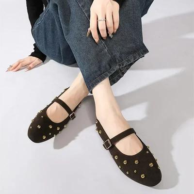 Rivets Design Ballet Flats Women Faux Suede Belt Metal Buckle Low Heel Women Shoes Non-slip Soft Sole Mary Jane Shoes